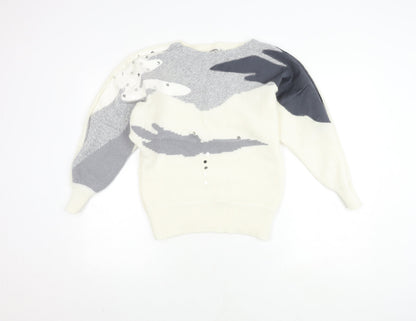 Frapp Women's White Geometric Knit Jumper Size 10