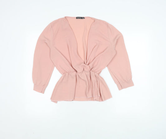 Boohoo Women's Pink Long Sleeve V-Neck Blouse Size 12