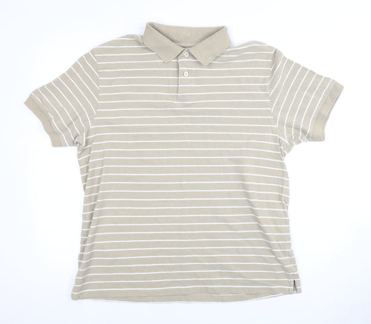Marks and Spencer Men's Beige Striped Polo Shirt L