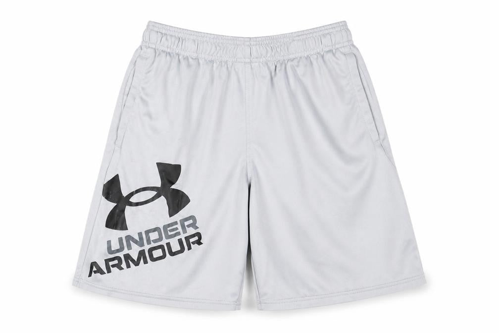 Front view of Under Armour boys’ grey athletic shorts, size M