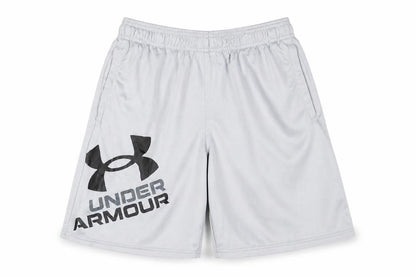 Front view of Under Armour boys’ grey athletic shorts, size M