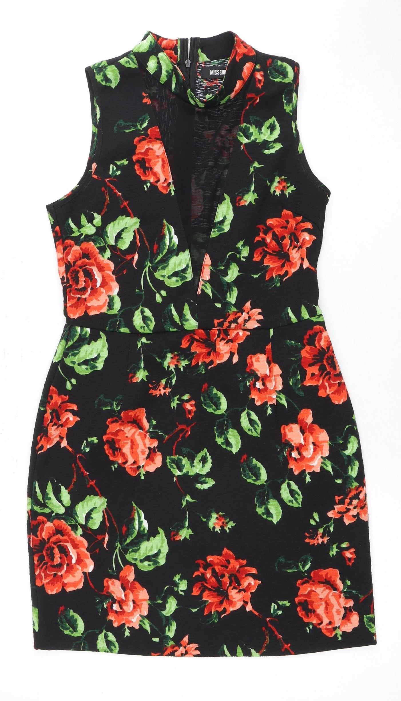 Missguided Floral Black Jersey Dress, Size 10, Women