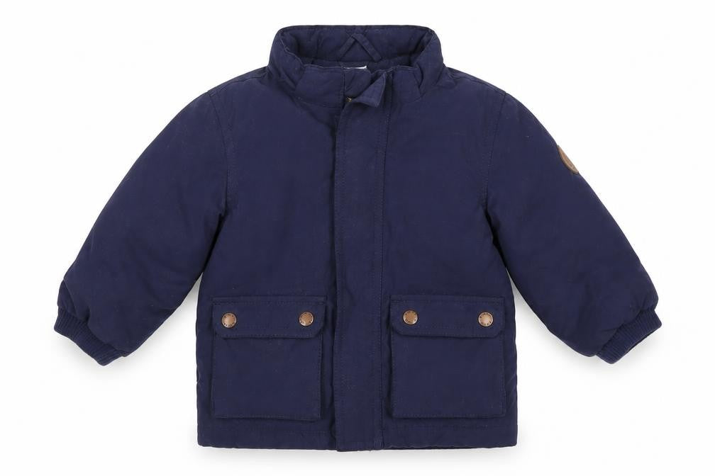 Front view of H&M unisex baby blue jacket 12 months lined hooded