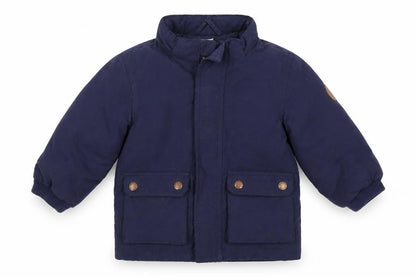 Front view of H&M unisex baby blue jacket 12 months lined hooded