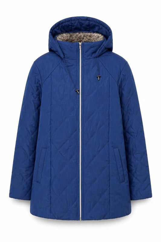 Front view of Anne de Lancay Women's Blue Puffer Jacket M Hooded Winter