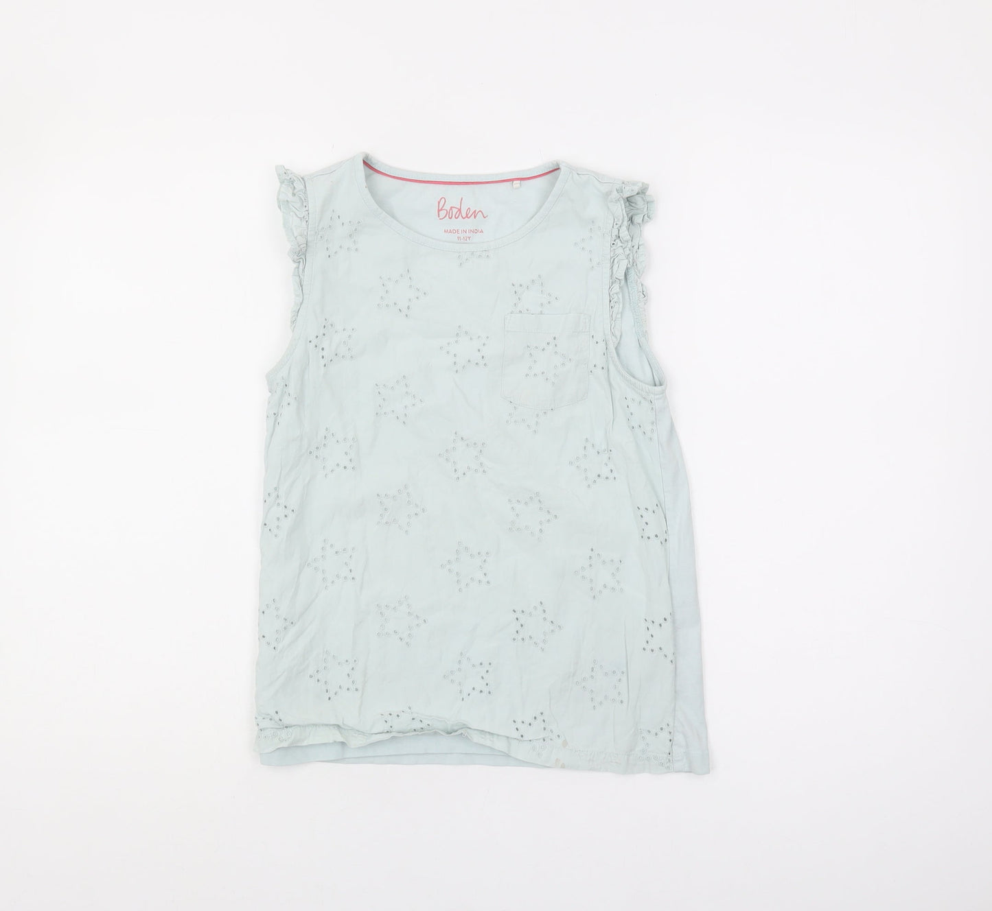 Boden Girls Blue Sleeveless Blouse - 11-12 Years, Ruffle Accent