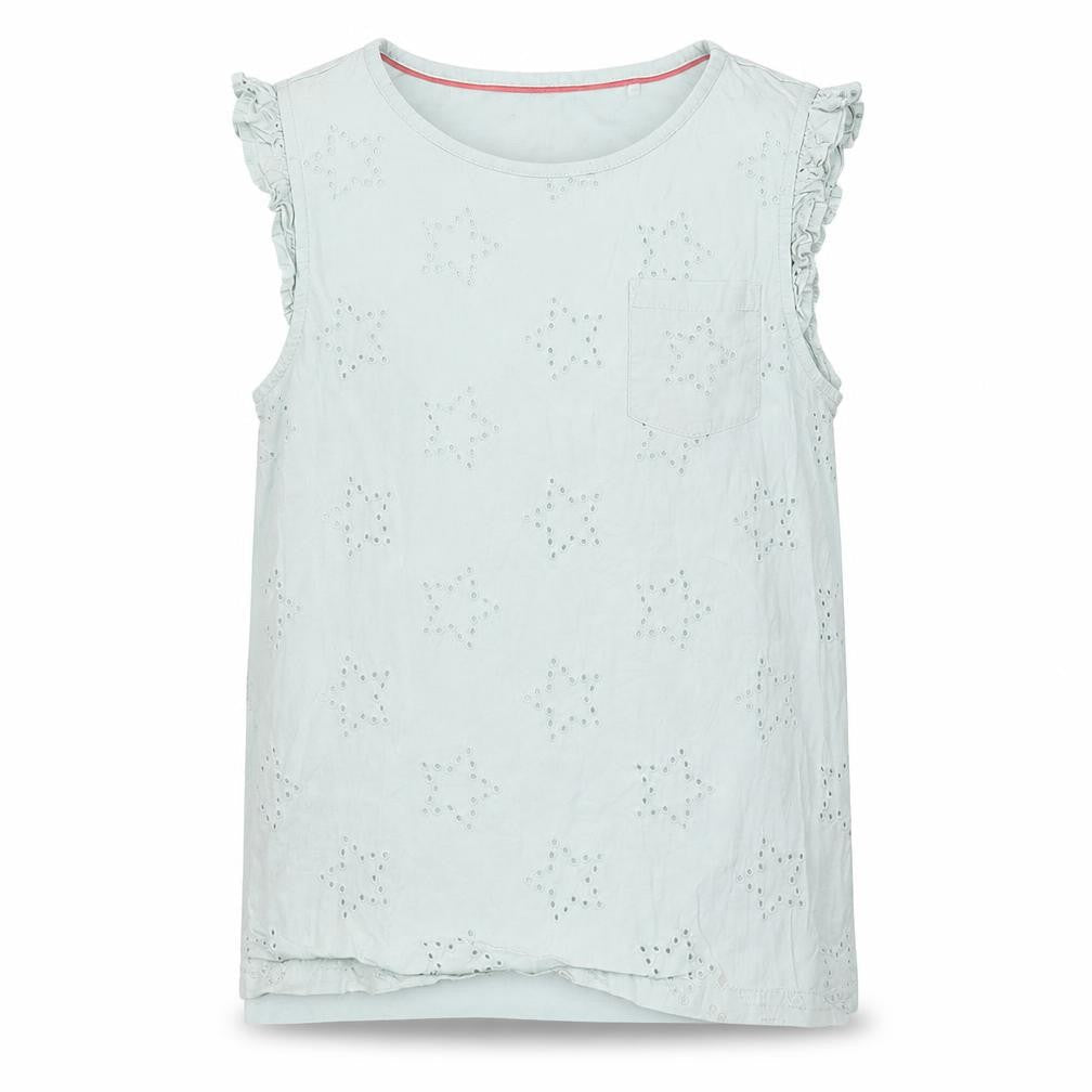 Front view of Boden girls’ blue sleeveless blouse - 11-12 years, ruffle accent