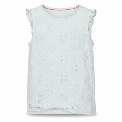 Front view of Boden girls’ blue sleeveless blouse - 11-12 years, ruffle accent