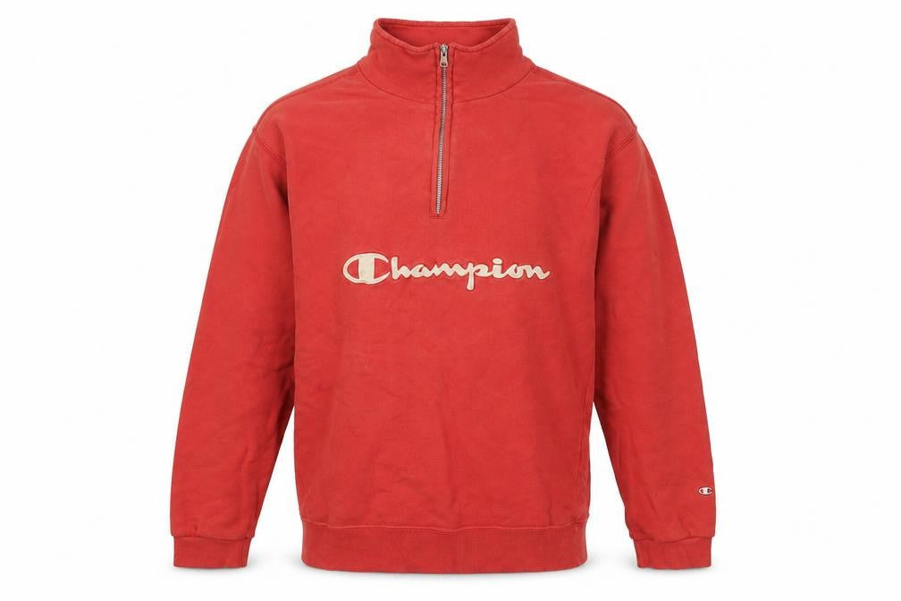 Front view of Champion Red Logo 1/4 Zip Sweatshirt, unisex s