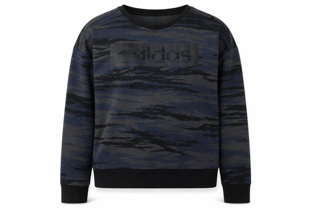 Front view of adidas unisex black camouflage sweatshirt, size 14