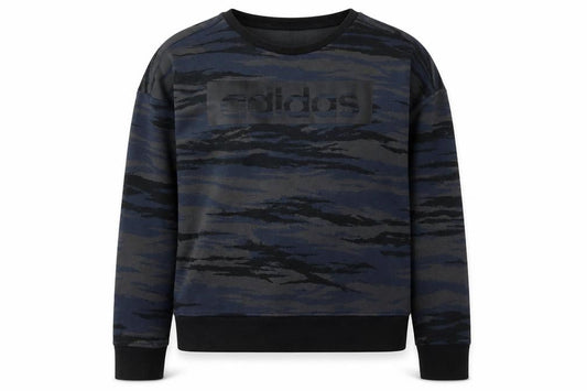 Front view of adidas unisex black camouflage sweatshirt, size 14