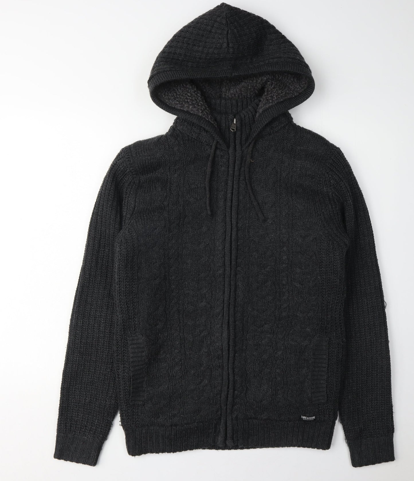 Threadbare Men's Black Full Zip Cable-Knit Hoodie S