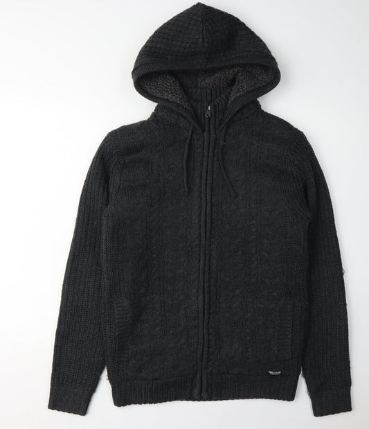 Threadbare Men's Black Full Zip Cable-Knit Hoodie S