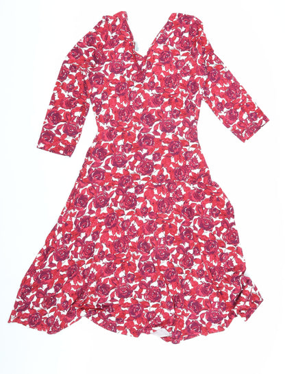 Karen Cole Women's Red Floral Wrap Midi Dress L