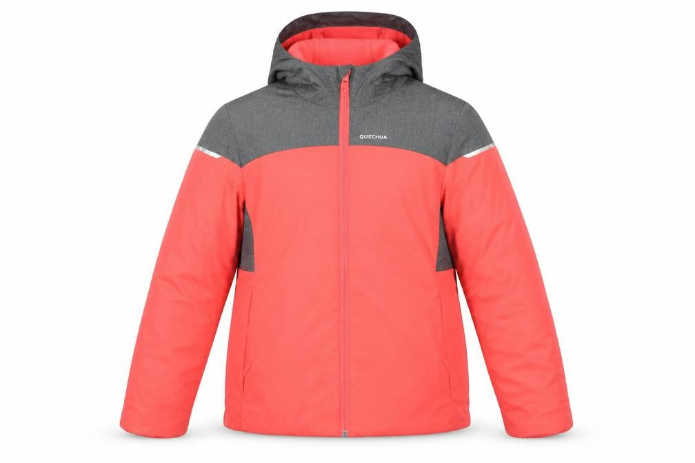 Front view of Quechua girls’ red and grey puffer jacket, size 10-11, years