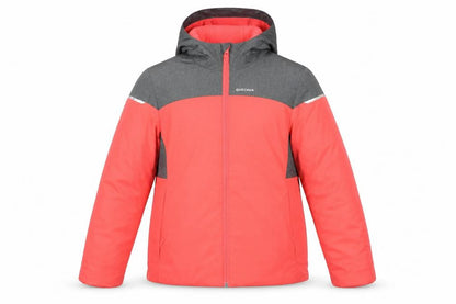 Front view of Quechua girls’ red and grey puffer jacket, size 10-11, years