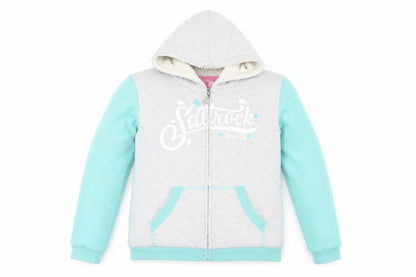 Front view of Saltrock girls’ grey blue hooded jacket, 11-12 years