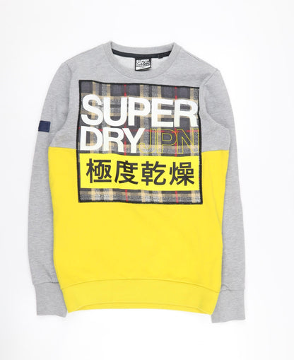 Superdry Men's XS Grey Yellow Sweatshirt Crew Neck Sports