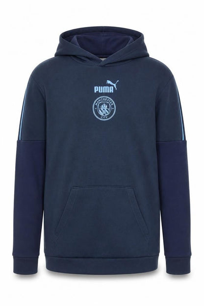 Front view of Puma boys’ man city blue xl hoodie pullover graphic print