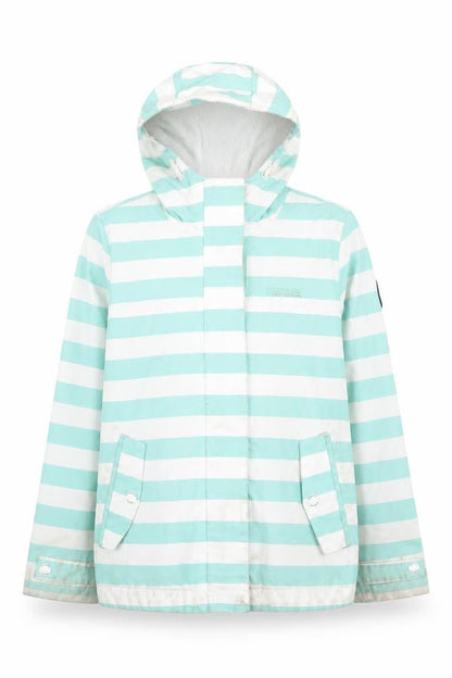 Front view of Regatta girls’ blue striped rain coat, 8 years