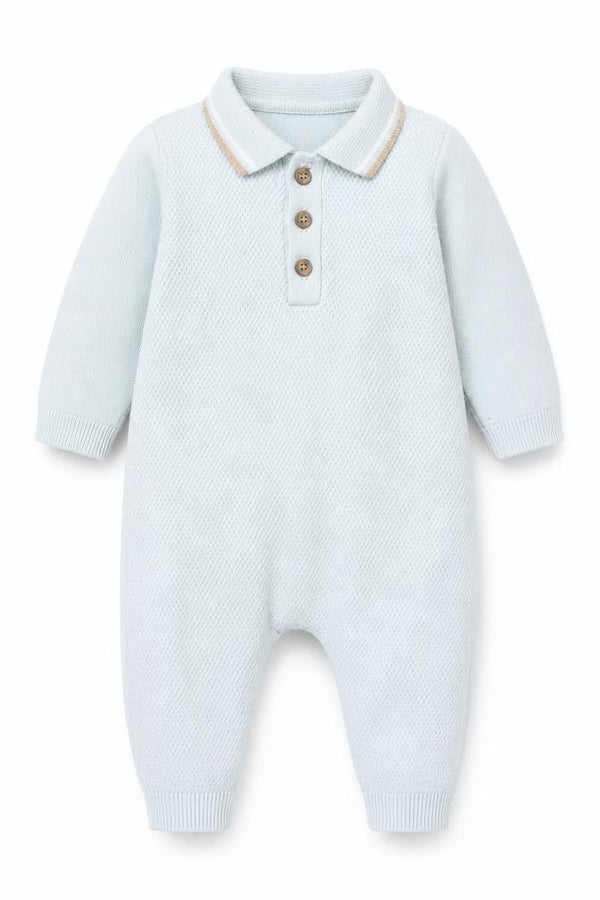 Front view of Next unisex baby blue knit babygrow 0-3 months