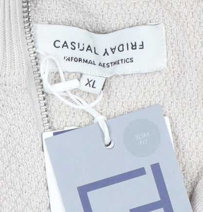 Casual Friday Men's Beige XL Full Zip High Neck Jumper