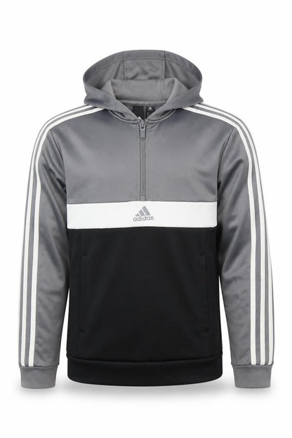 Front view of Adidas boys’ grey and black pullover hoodie, m
