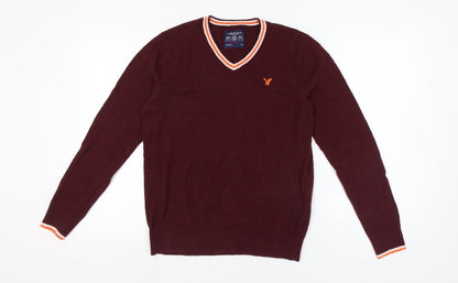 American Eagle Men's Red V-Neck Pullover Jumper S
