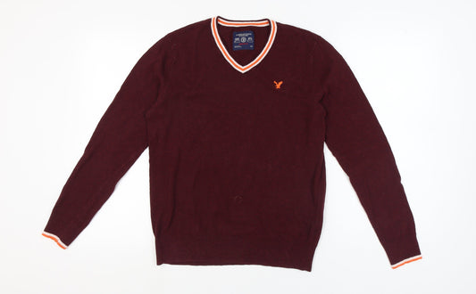 American Eagle Men's Red V-Neck Pullover Jumper S