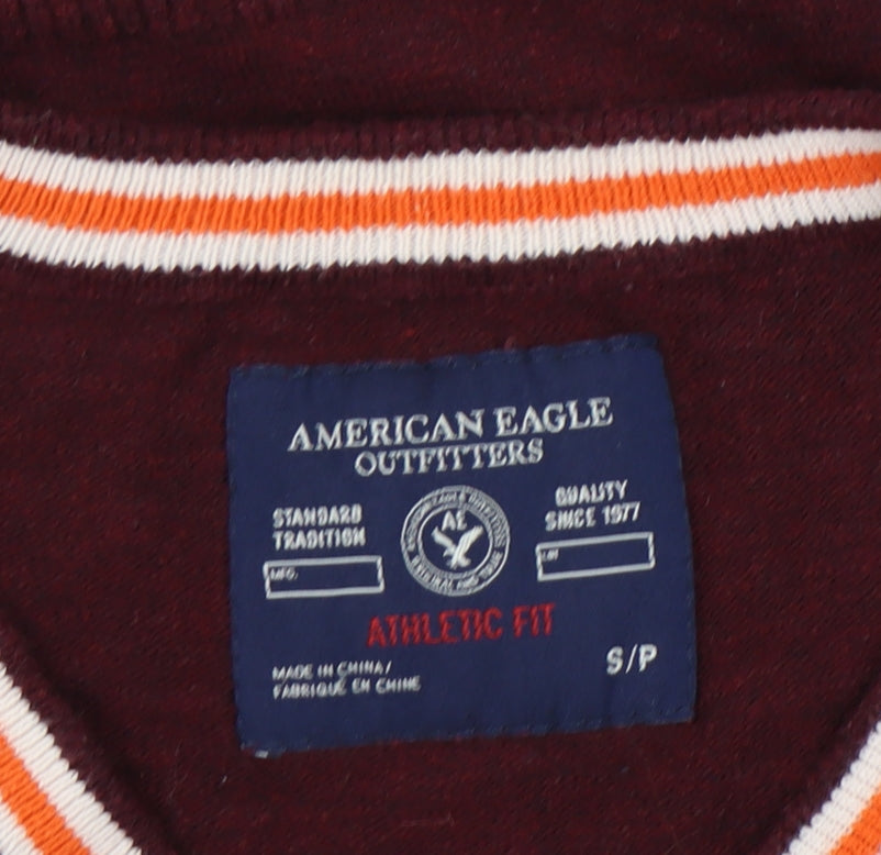 American Eagle Men's Red V-Neck Pullover Jumper S