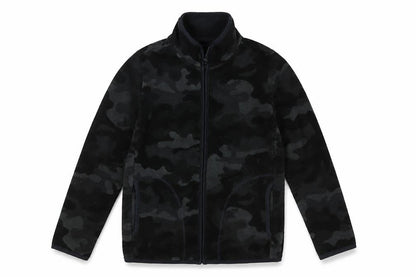 Front view of Uniqlo boys’ black camouflage zip jacket, size 12, years