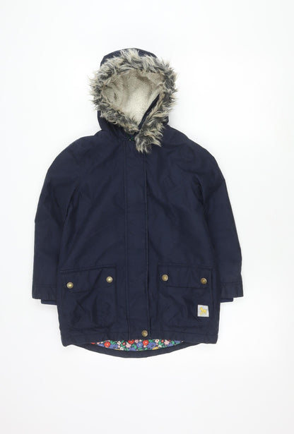 Girls Blue Parka Coat with Faux Fur Hood, Size 7-8 Years