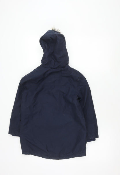 Girls Blue Parka Coat with Faux Fur Hood, Size 7-8 Years