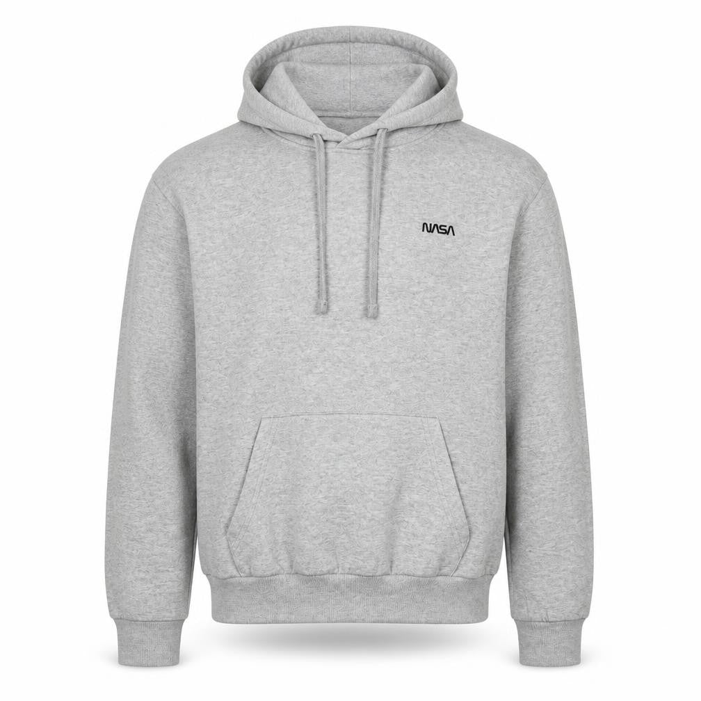 Front view of Grey NASA Logo unisex hoodie, size S