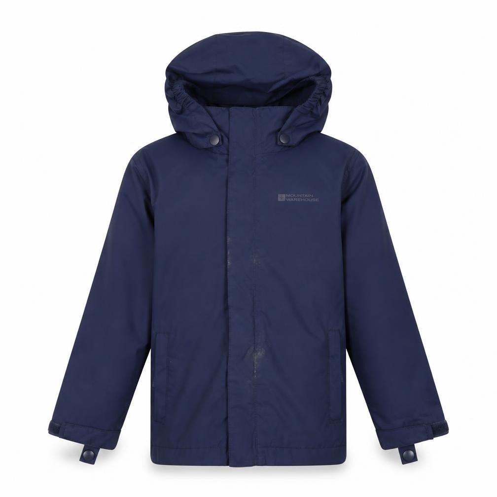 Front view of Mountain Warehouse boys’ blue waterproof jacket 3-4 years
