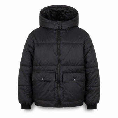 Front view of New Look boys’ black nylon puffer jacket, size 9, years