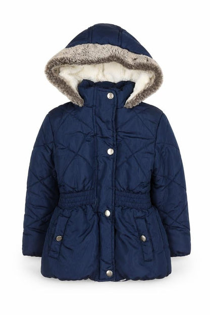 Front view of Junior J girls’ blue hooded puffer jacket 2-3 years
