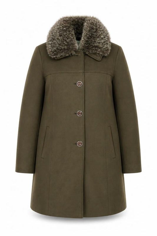 Sky Point Women's Brown Fur Trim Overcoat - L