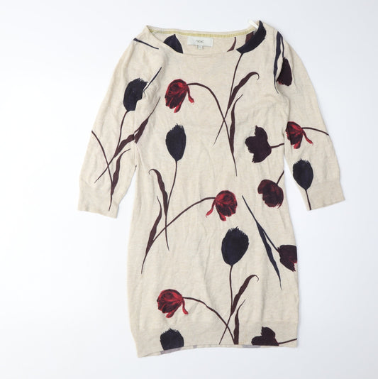 Next Women Beige Floral Knit Dress, Size 6, Boat Neck