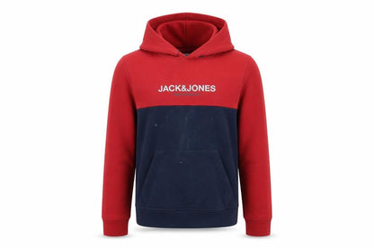 Front view of Jack & Jones boys’ red blue pullover hoodie, size 164