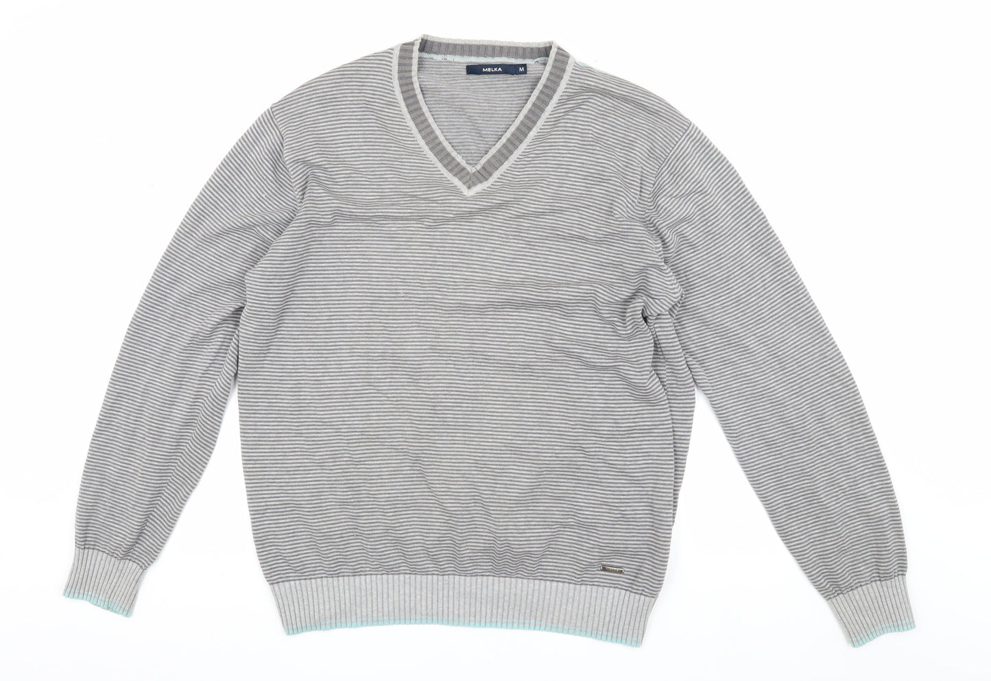 Melka Men's Grey V-Neck Stripe Pullover Jumper M