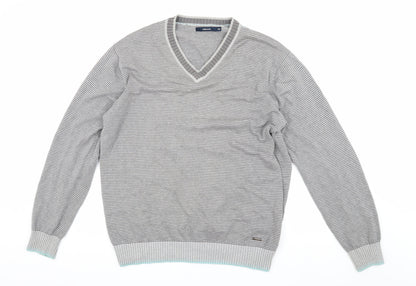 Melka Men's Grey V-Neck Stripe Pullover Jumper M