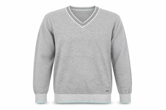 Melka Men's Grey V-Neck Stripe Pullover Jumper M