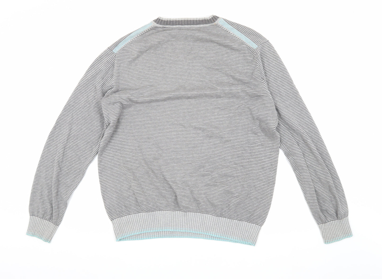 Melka Men's Grey V-Neck Stripe Pullover Jumper M