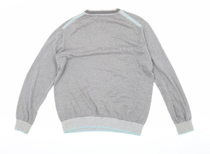 Melka Men's Grey V-Neck Stripe Pullover Jumper M