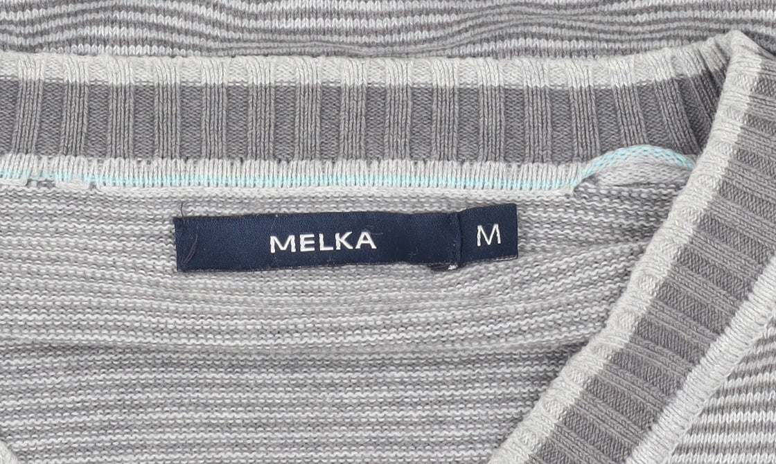 Melka Men's Grey V-Neck Stripe Pullover Jumper M