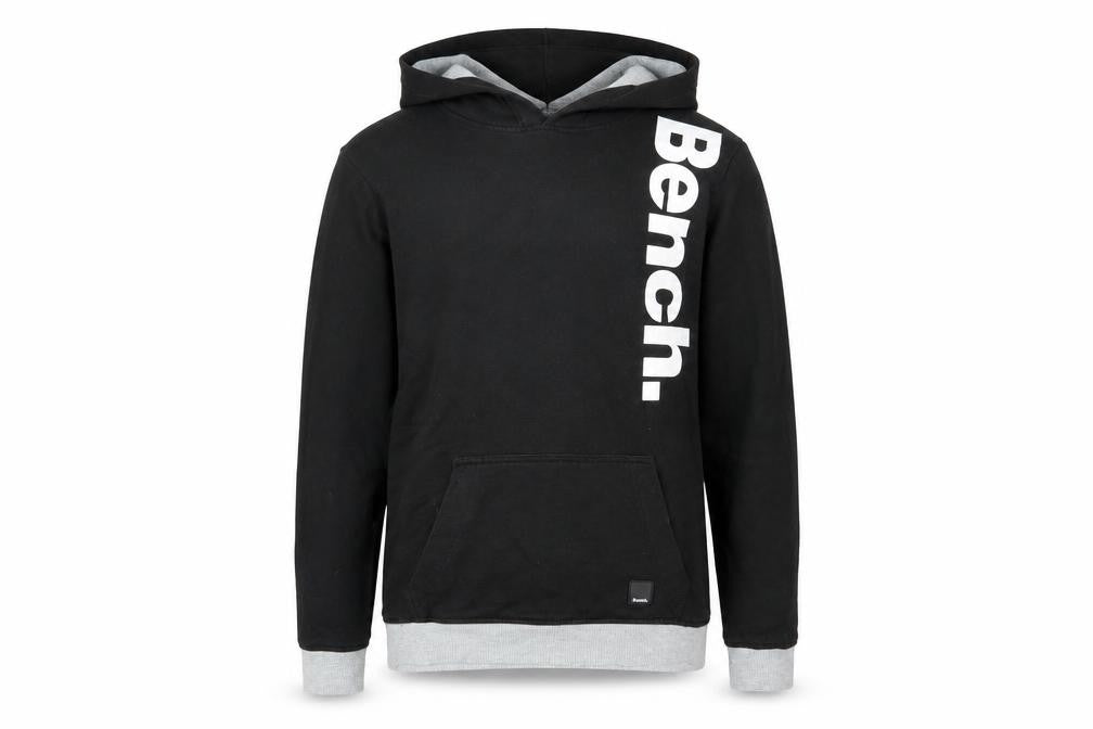 Front view of Bench boys’ black pullover hoodie with logo, size 13, years
