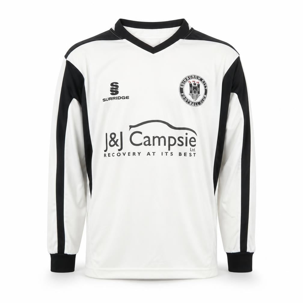 Front view of Surridge boys’ football jersey white black l long sleeve