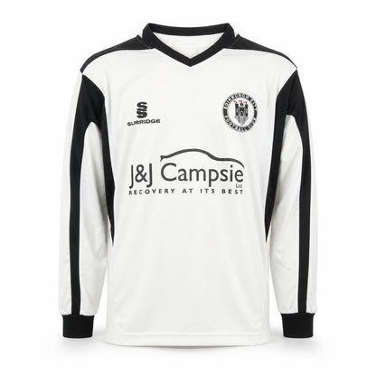 Front view of Surridge boys’ football jersey white black l long sleeve