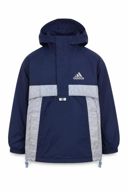 Front view of Adidas boys’ blue windbreaker jacket m hooded lightweight